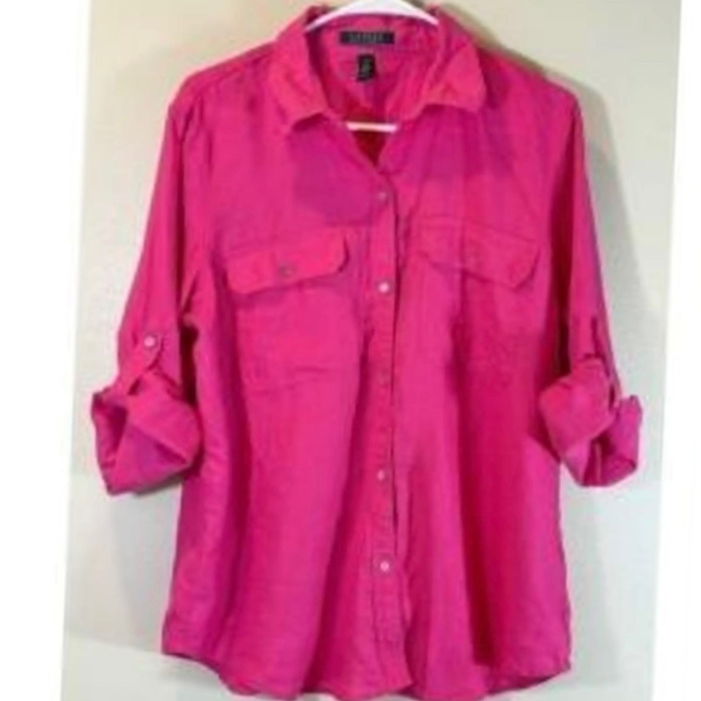 Lauren Ralph Lauren Linen Roll Tab Button Down Shirt Women XL Pink‎